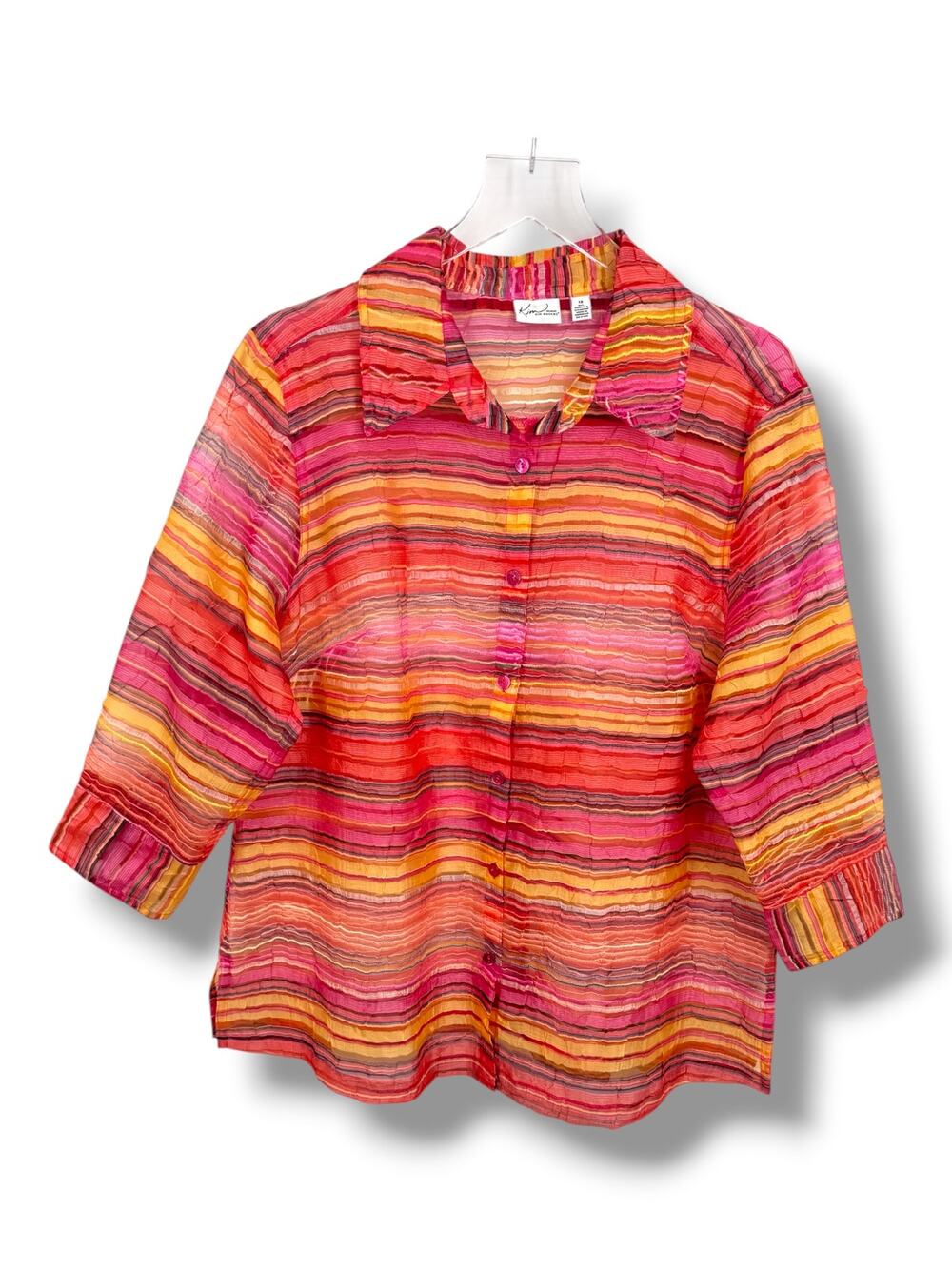 Kim Rogers blouse 1X sheer crinkle striped button front 3/4 sleeve beach top